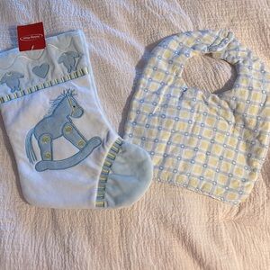 Holiday Home baby boy Christmas stocking (NWT) and handmade flannel bib
